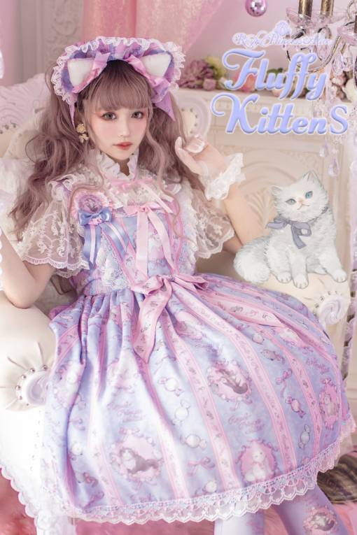 (19)Fluffy Kittens・ねこ助コラボ　ジャンパースカート（ブルー×ピンク）